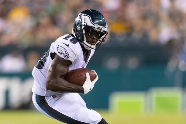 Jalen Reagor of the Philadelphia Eagles runs with the ball against the Pittsburgh Steelers during the preseason game at Lincoln Financial Field on...