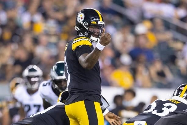 Dwayne Haskins of the Pittsburgh Steelers looks on against the Philadelphia Eagles during the preseason game at Lincoln Financial Field on August 12,...