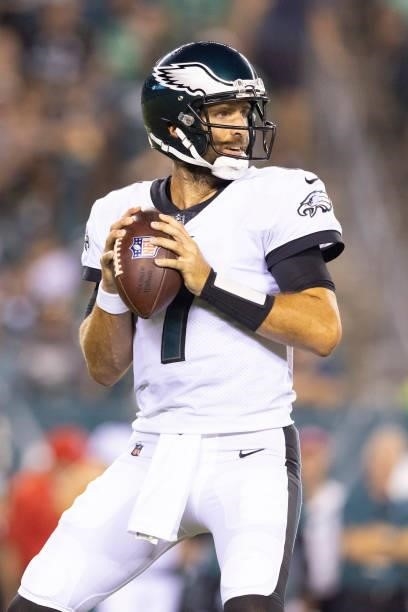 Joe Flacco of the Philadelphia Eagles looks to pass the ball against the Pittsburgh Steelers during the preseason game at Lincoln Financial Field on...