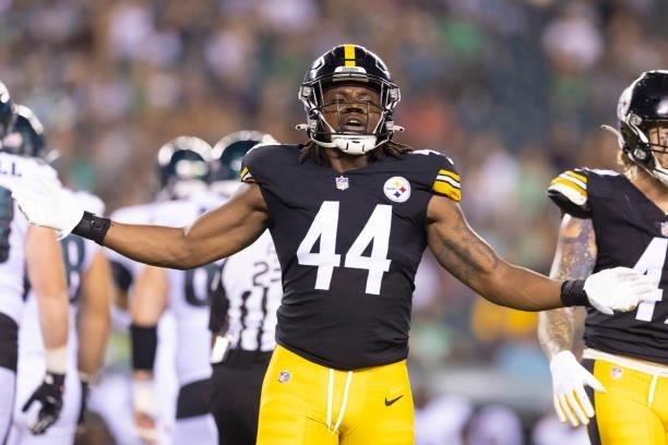 Jamir Jones of the Pittsburgh Steelers reacts against the Philadelphia Eagles during the preseason game at Lincoln Financial Field on August 12, 2021...