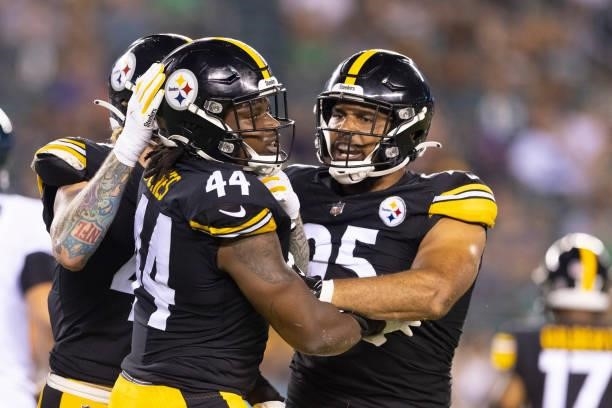 Jamir Jones and Chris Wormley of the Pittsburgh Steelers react against the Philadelphia Eagles during the preseason game at Lincoln Financial Field...