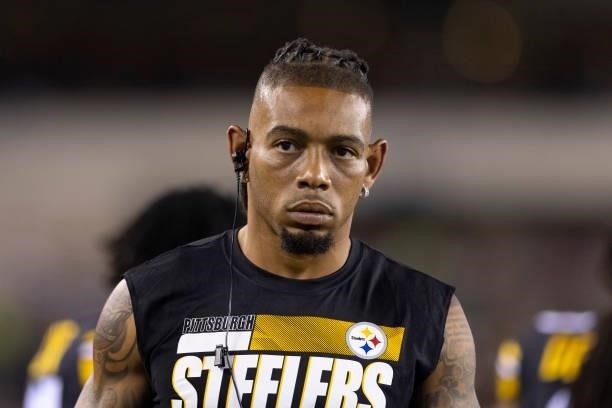 Joe Haden of the Pittsburgh Steelers looks on against the Philadelphia Eagles during the preseason game at Lincoln Financial Field on August 12, 2021...