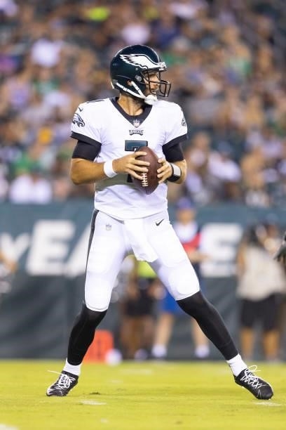 Joe Flacco of the Philadelphia Eagles looks to pass the ball against the Pittsburgh Steelers during the preseason game at Lincoln Financial Field on...