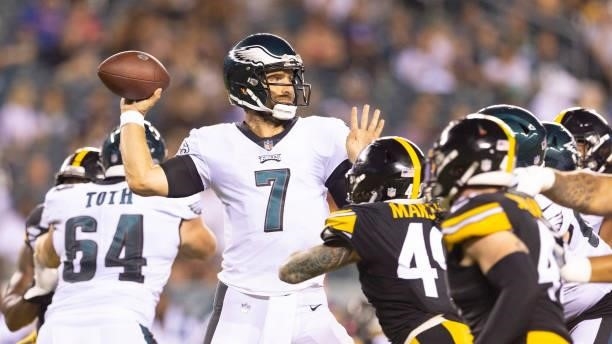 Joe Flacco of the Philadelphia Eagles passes the ball against the Pittsburgh Steelers during the preseason game at Lincoln Financial Field on August...