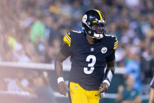 Dwayne Haskins of the Pittsburgh Steelers reacts against the Philadelphia Eagles during the preseason game at Lincoln Financial Field on August 12,...