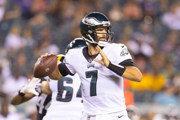 Joe Flacco of the Philadelphia Eagles passes the ball against the Pittsburgh Steelers during the preseason game at Lincoln Financial Field on August...