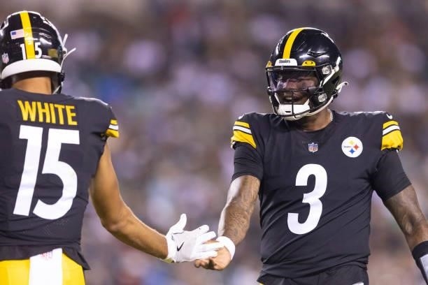 Cody White and Dwayne Haskins of the Pittsburgh Steelers react against the Philadelphia Eagles during the preseason game at Lincoln Financial Field...