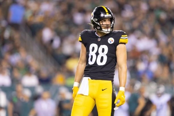 Pat Freiermuth of the Pittsburgh Steelers looks on against the Philadelphia Eagles during the preseason game at Lincoln Financial Field on August 12,...