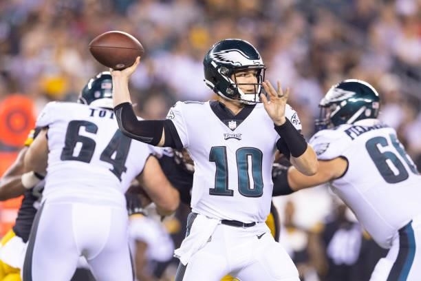 Nick Mullens of the Philadelphia Eagles passes the ball against the Pittsburgh Steelers during the preseason game at Lincoln Financial Field on...