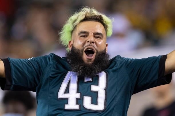 Philadelphia Eagles fan reacts against the Pittsburgh Steelers during the preseason game at Lincoln Financial Field on August 12, 2021 in...