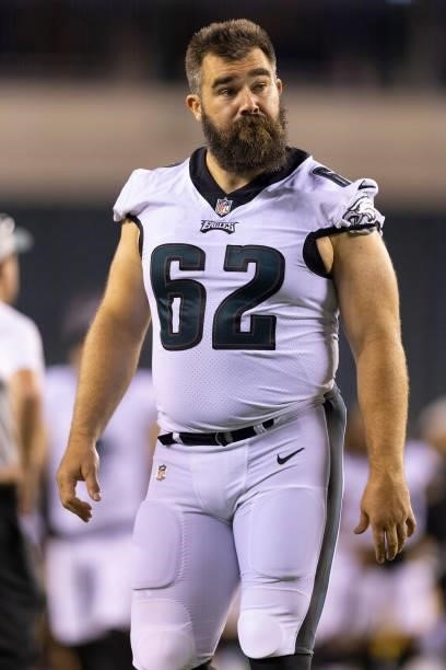 Jason Kelce of the Philadelphia Eagles looks on against the Pittsburgh Steelers during the preseason game at Lincoln Financial Field on August 12,...