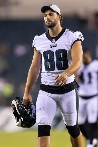 Dallas Goedert of the Philadelphia Eagles looks on against the Pittsburgh Steelers during the preseason game at Lincoln Financial Field on August 12,...