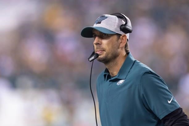 Offensive coordinator Shane Steichen of the Philadelphia Eagles looks on against the Pittsburgh Steelers in the second half of the preseason game at...