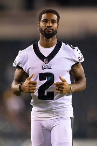 Darius Slay of the Philadelphia Eagles looks on against the Pittsburgh Steelers during the preseason game at Lincoln Financial Field on August 12,...