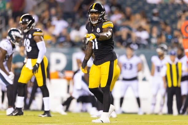 Buddy Johnson of the Pittsburgh Steelers looks on against the Philadelphia Eagles during the preseason game at Lincoln Financial Field on August 12,...