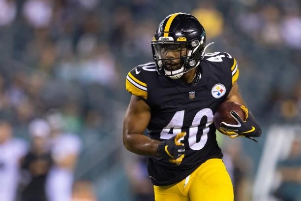 Tony Brooks-James of the Pittsburgh Steelers runs the ball against the Philadelphia Eagles during the preseason game at Lincoln Financial Field on...