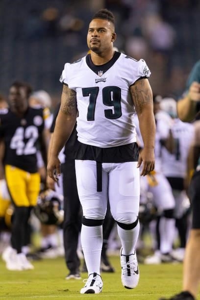 Brandon Brooks of the Philadelphia Eagles looks on against the Pittsburgh Steelers during the preseason game at Lincoln Financial Field on August 12,...