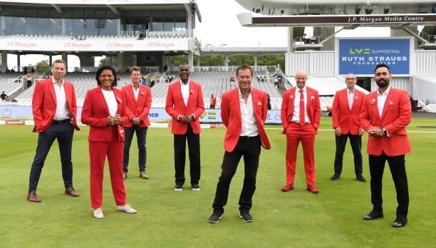 The Sky Sports commentary team pose in their Red for Ruth suits ahead of day two of the Second LV= Insurance Test Match between England and India at...