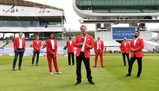 The Sky Sports commentary team pose in their Red for Ruth suits ahead of day two of the Second LV= Insurance Test Match between England and India at...