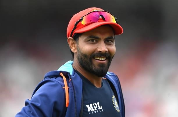 India player Ravindra Jadeja wearing his red cap during the warm up on Ruth Strauss Foundation Day during day two of the Second Test Match between...