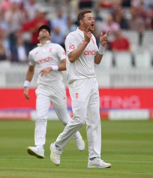 England bowler Ollie Robinson celebrates after taking the wicket of India batsman KL Rahul on Ruth Strauss Foundation Day during day two of the...