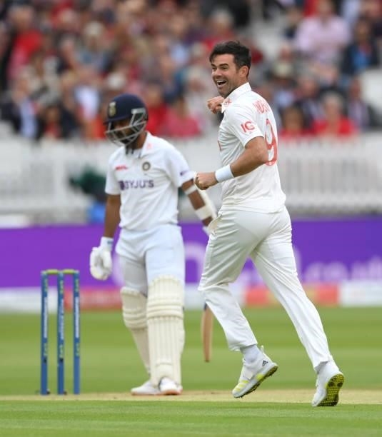 England bowler James Anderson celebrates after taking the wicket of India batsman Rahane on Ruth Strauss Foundation Day during day two of the Second...