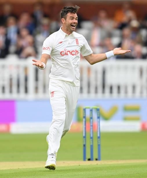 James Anderson of England celebrates after dismissing Ajinkya Rahane of India during the second day of the 2nd LV= Test match between England and...