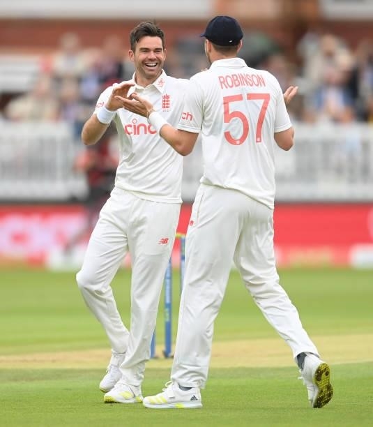James Anderson of England celebrates with Ollie Robinson after dismissing Ajinkya Rahane of India during the second day of the 2nd LV= Test match...