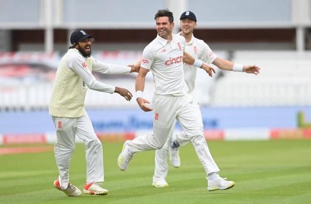 James Anderson of England celebrates with Haseeb Hameed after dismissing Ajinkya Rahane of India during the second day of the 2nd LV= Test match...
