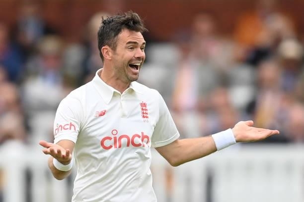 James Anderson of England celebrates after dismissing Ajinkya Rahane of India during the second day of the 2nd LV= Test match between England and...