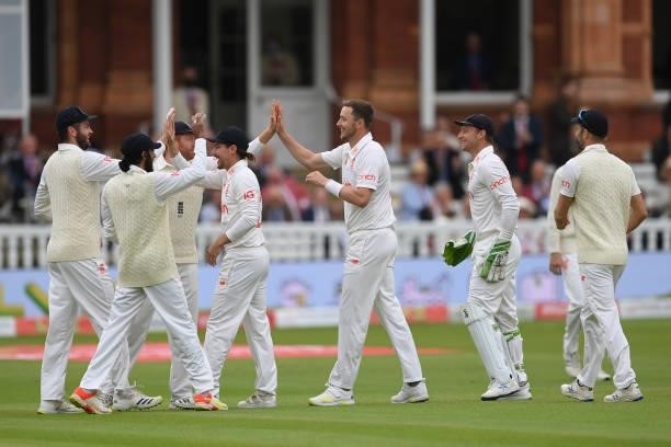 Ollie Robinson of England celebrates with team mates after dismissing KL Rahul of India during the Second LV= Insurance Test Match: Day Two between...