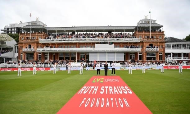 Players and officials stand for the Ruth Strauss Foundation ahead of day two of the Second LV= Insurance Test Match between England and India at...