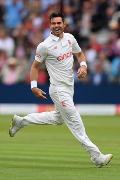 Jimmy Anderson of England celebrates the wicket of Ajinkya Rahane of India during the Second LV= Insurance Test Match: Day Two between England and...