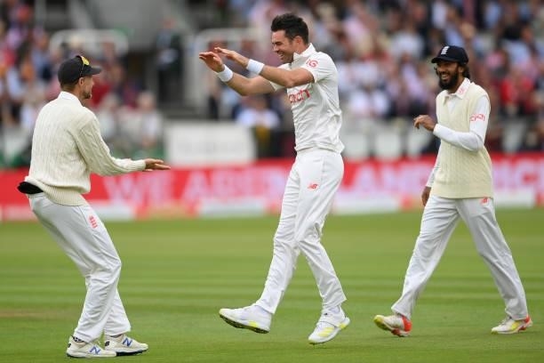 Jimmy Anderson of England celebrates with Joe Root after dismissing Ajinkya Rahane of India during the Second LV= Insurance Test Match: Day Two...