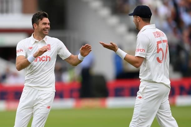 Jimmy Anderson of England celebrates with Ollie Robinson after dismissing Ajinkya Rahane of India during the Second LV= Insurance Test Match: Day Two...
