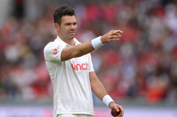 England bowler James Anderson makes a point on Ruth Strauss Foundation Day during day two of the Second Test Match between England and India at...
