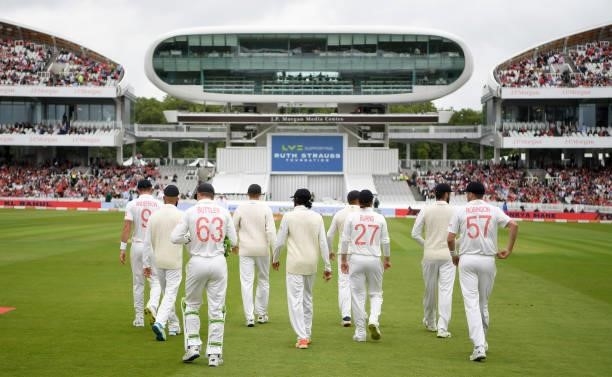 England captain Joe Root leads out his team ahead of day two of the Second LV= Insurance Test Match between England and India at Lord's Cricket...