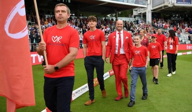 Former England captain Andrew Strauss walks round with sons Sam and Luca ahead of day two of the Second LV= Insurance Test Match between England and...