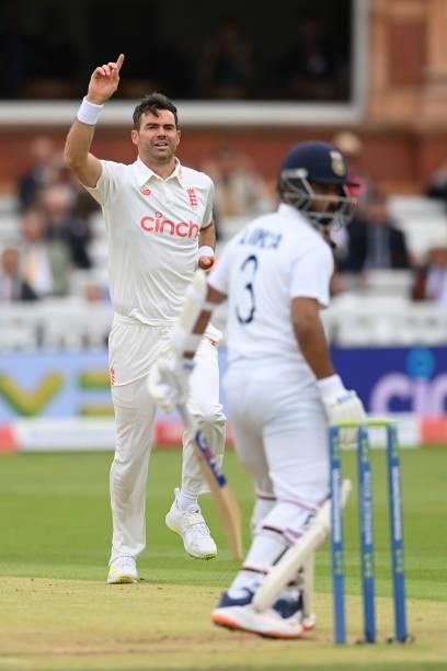 Jimmy Anderson of England celebrates the wicket of Ajinkya Rahane of India during the Second LV= Insurance Test Match: Day Two between England and...