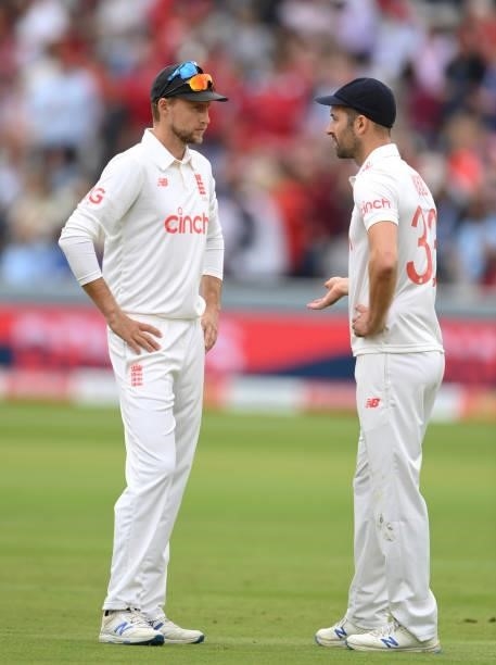 England captain Joe Root speaks to bowler Mark Wood on Ruth Strauss Foundation Day during day two of the Second Test Match between England and India...