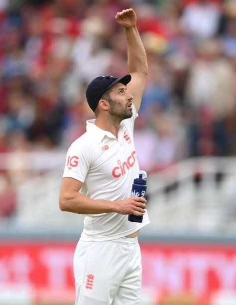England bowler Mark Wood reacts on Ruth Strauss Foundation Day during day two of the Second Test Match between England and India at Lord's Cricket...