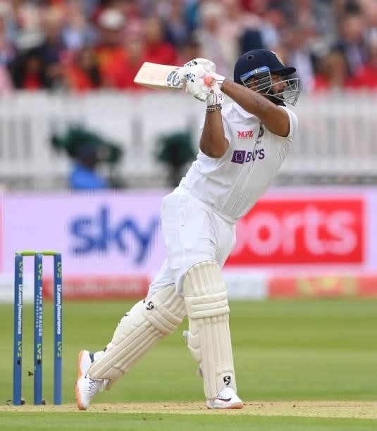 India wicketkeeper Rishabh Pant hits James Anderson to the boundary on Ruth Strauss Foundation Day during day two of the Second Test Match between...