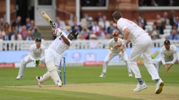 Rishabh Pant of India hits out as bowler Ollie Robinson of England looks on during the Second LV= Insurance Test Match: Day Two between England and...