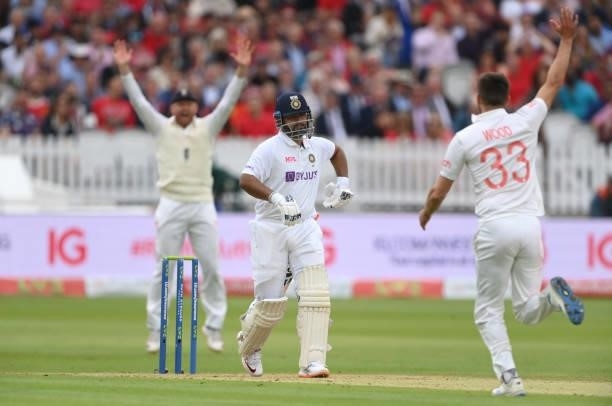 England bowler Mark Wood takes the wicket of India wicketkeeper Rishabh Pant on Ruth Strauss Foundation Day during day two of the Second Test Match...