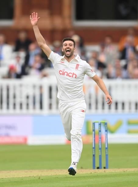 Mark Wood of England celebrates after dismissing Rishabh Pant of India during the second day of the 2nd LV= Test match between England and India at...