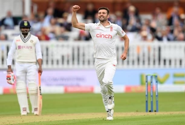 Mark Wood of England celebrates after dismissing Rishabh Pant of India as Ravindra Jadeja looks on during the second day of the 2nd LV= Test match...