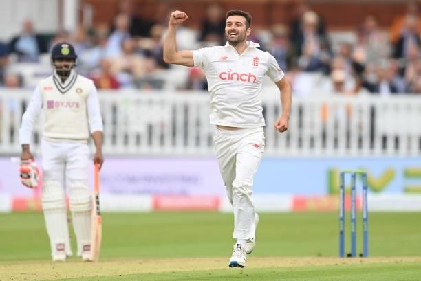 Mark Wood of England celebrates after dismissing Rishabh Pant of India during the second day of the 2nd LV= Test match between England and India at...
