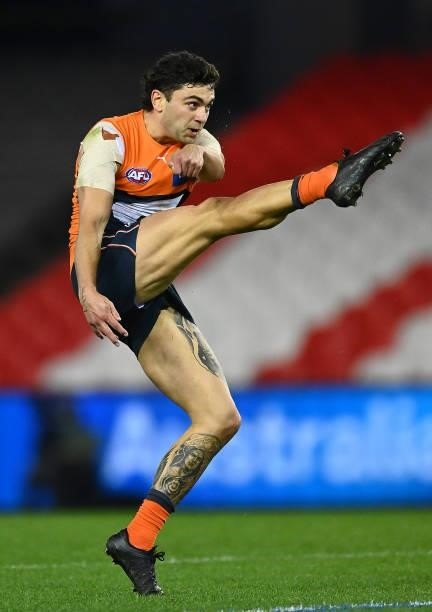 Tim Taranto of the Giants kicks during the round 22 AFL match between Greater Western Sydney Giants and Richmond Tigers at Marvel Stadium on August...
