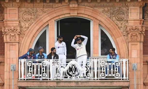 Virat Kohli of India dances on the dressing room balcony during the second day of the 2nd LV= Test match between England and India at Lord's Cricket...