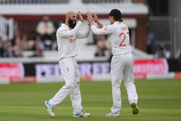 Moeen Ali of England celebrates with Rory Burns after dismissing Mohammed Shami of India during the Second LV= Insurance Test Match: Day Two between...